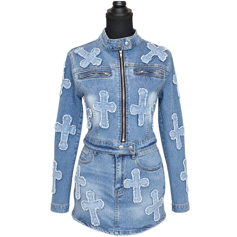 Y2K Distressed Cross Patch Denim Moto 2-Piece Set Zip Up Jacket Mini Skirt Small